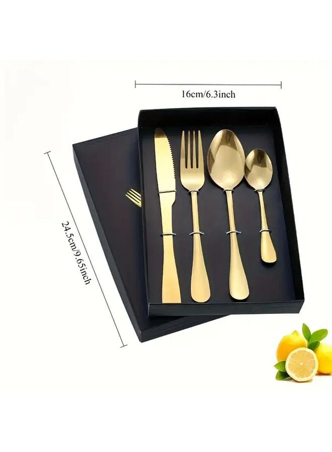 Golden Stainless Steel Western Tableware Set with Steak Knives Forks Spoons Gift Box - Image 3